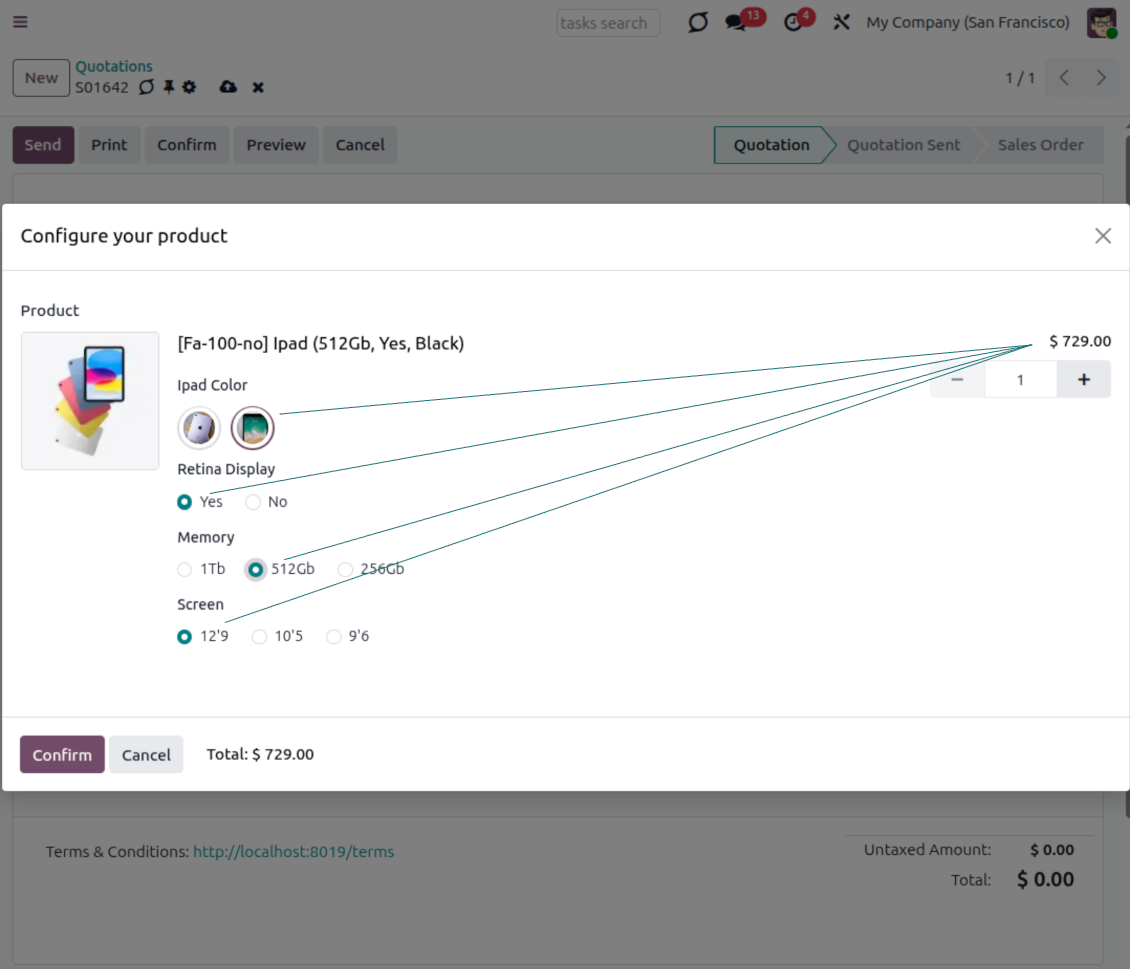 Odoo product configurator pricing a variant built from not-yet-created attribute combinations