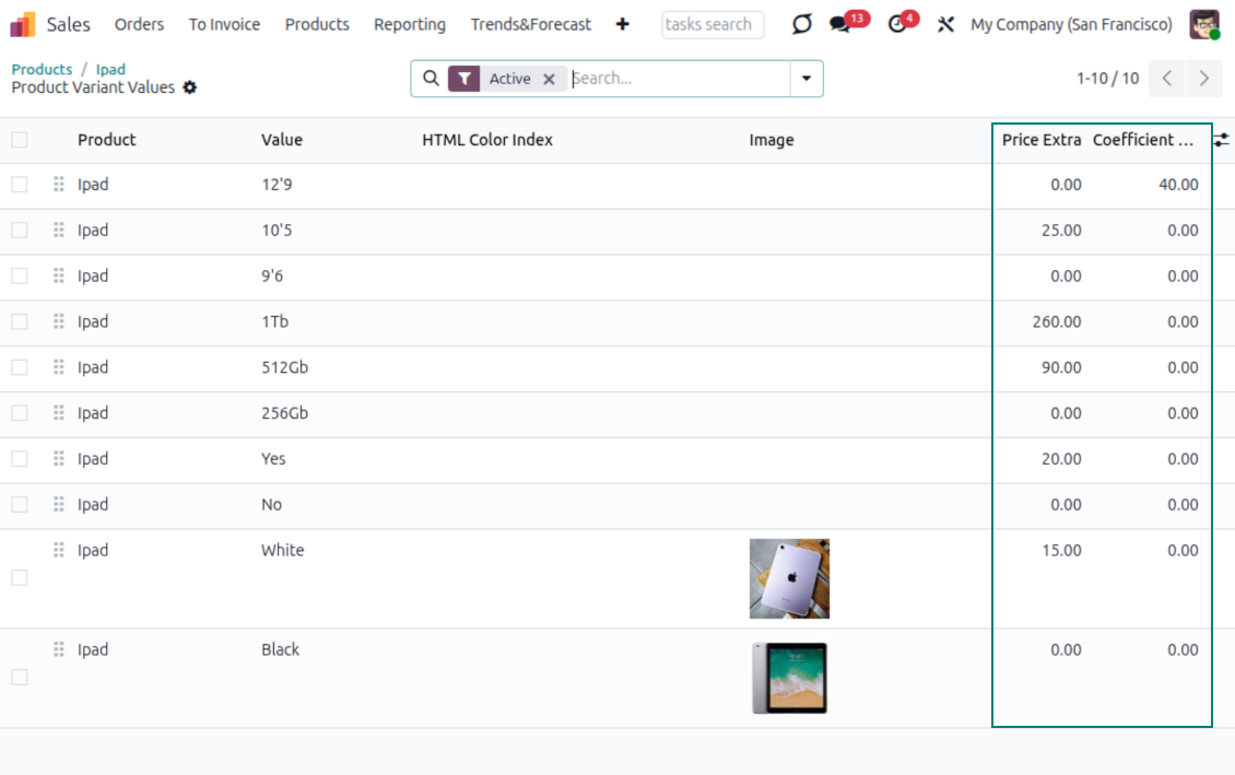 Odoo product attribute values configured with a percentage coefficient and a fixed extra price for advanced variant pricing