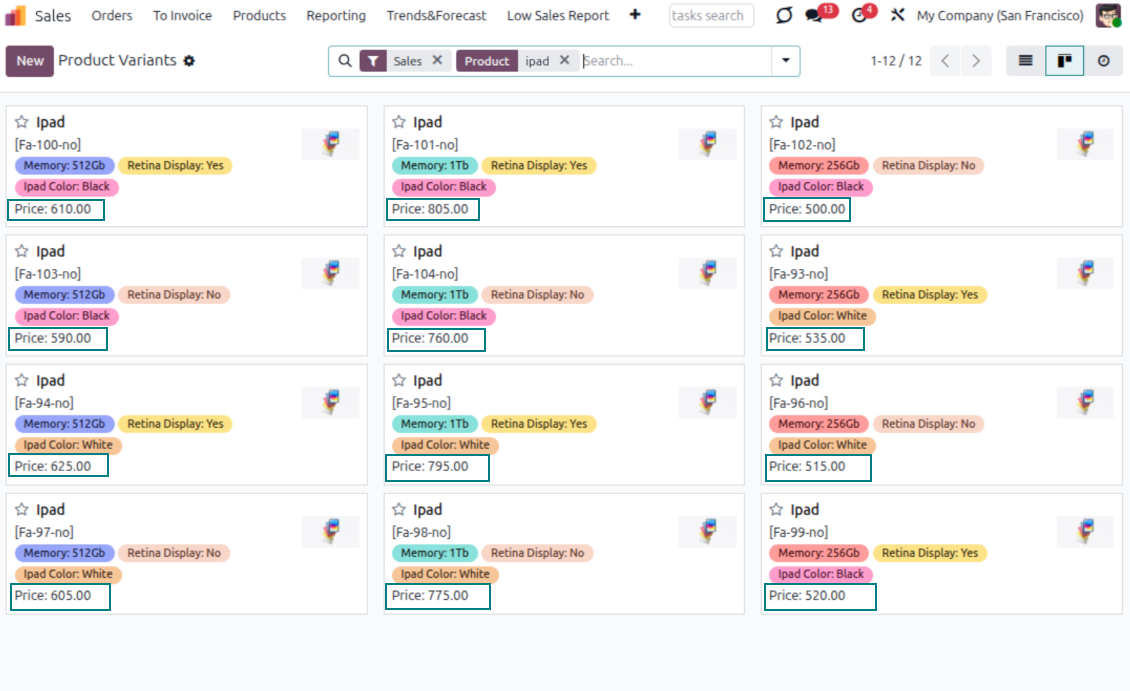 Odoo product variants list with unique prices computed from attribute coefficients, extras and surpluses