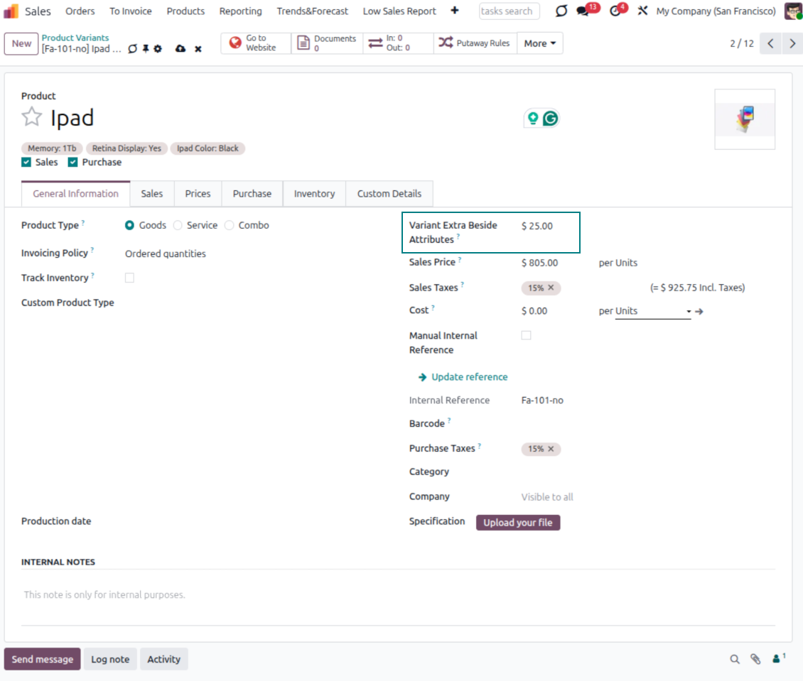 Odoo product variant form with an own surplus that makes the variant price independent of the template