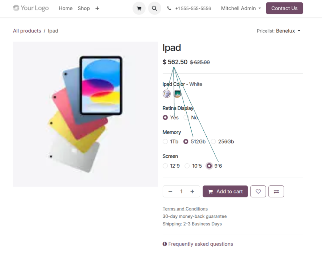 Odoo eCommerce product page showing the advanced variant price applied on the website shop