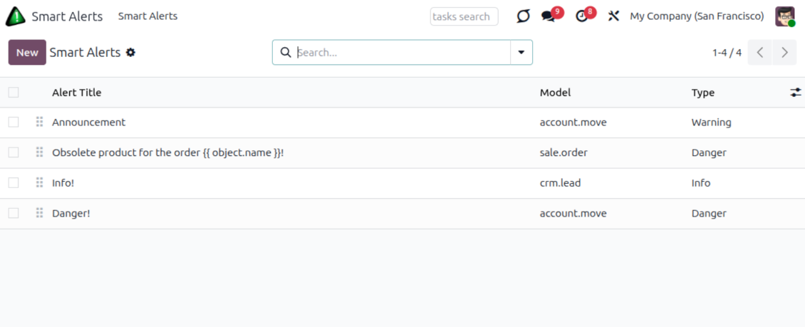 Configuration list of Smart Alerts in Odoo, each targeting a document type with its own style and filters