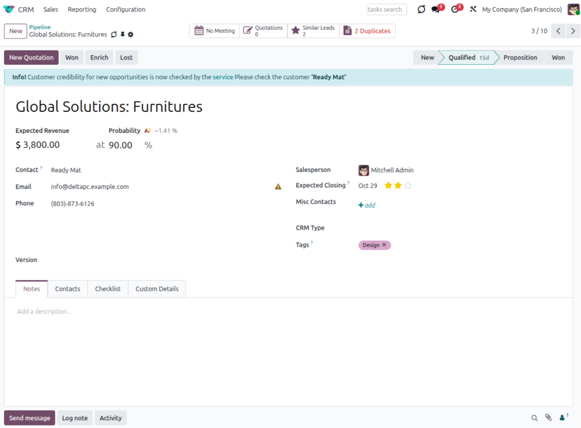 Odoo CRM opportunity form with a Smart Alert banner highlighting a policy for the customer