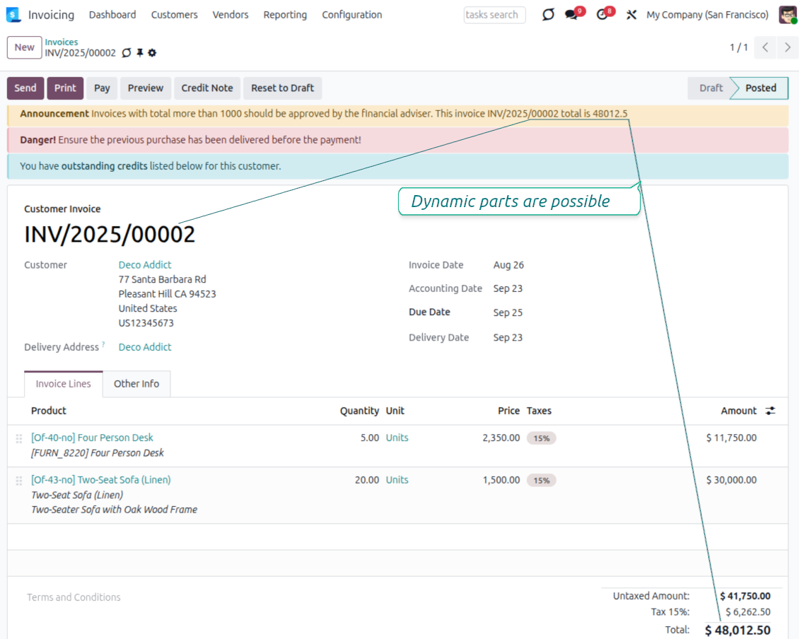Odoo customer invoice form with a colored Smart Alert banner displayed above the document