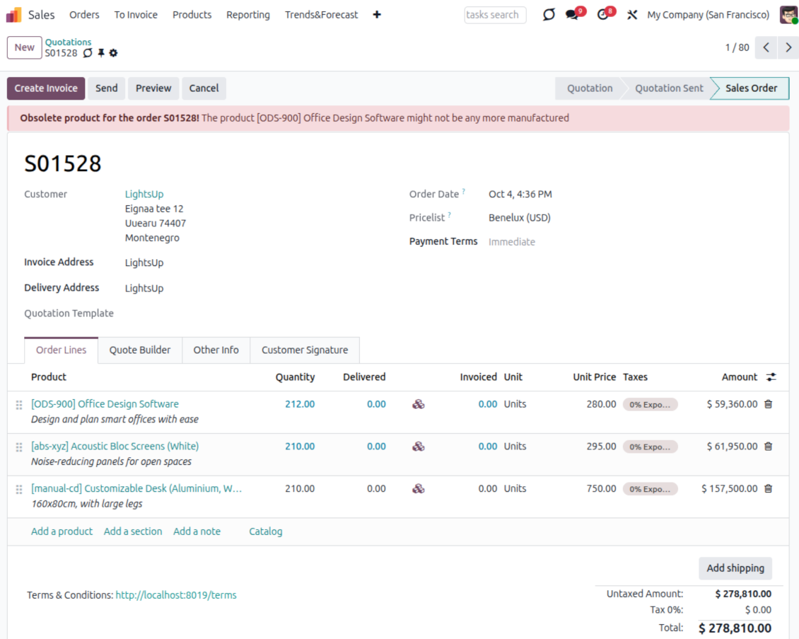Odoo sale order form showing a Smart Alert banner warning the salesperson about the deal