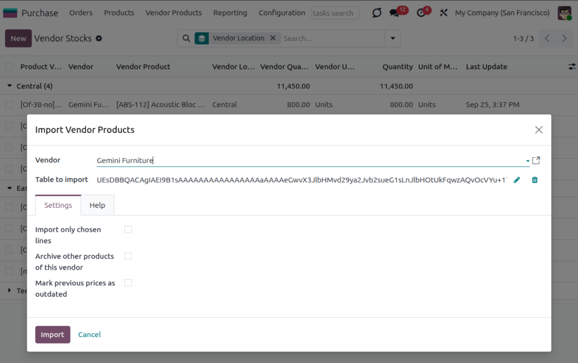 Odoo wizard importing vendor products and supplier prices from an Excel file