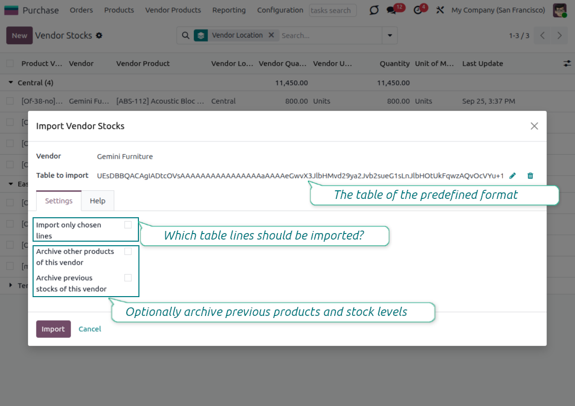 Odoo wizard importing vendor products and their stock levels from an Excel file