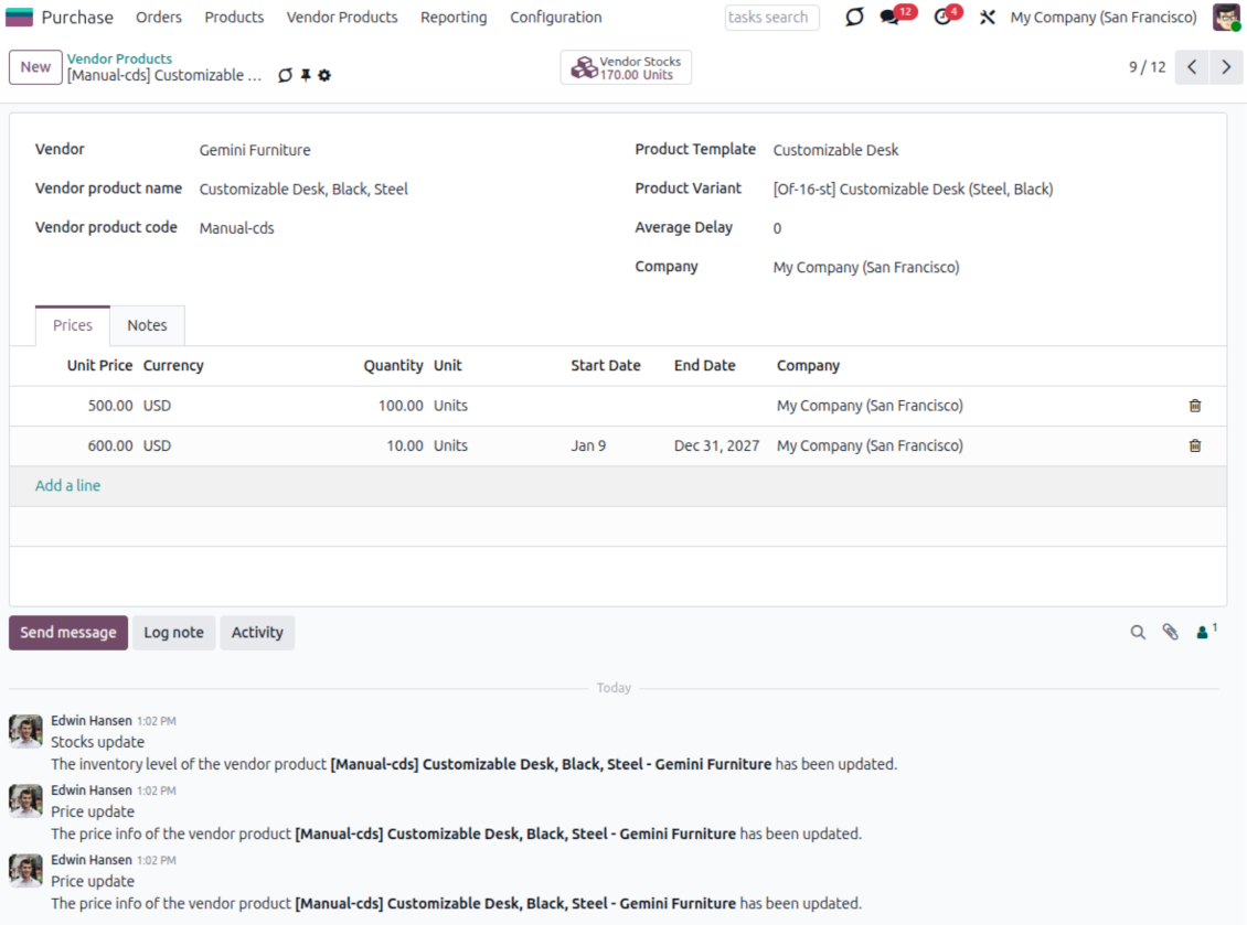 Odoo vendor product form showing the supplier, vendor code, linked product variant, prices and stock