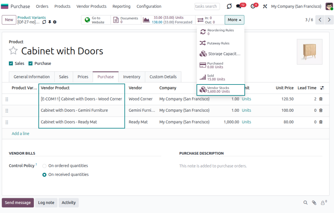 Odoo product variant form displaying suppliers' available stock levels from the vendor catalog