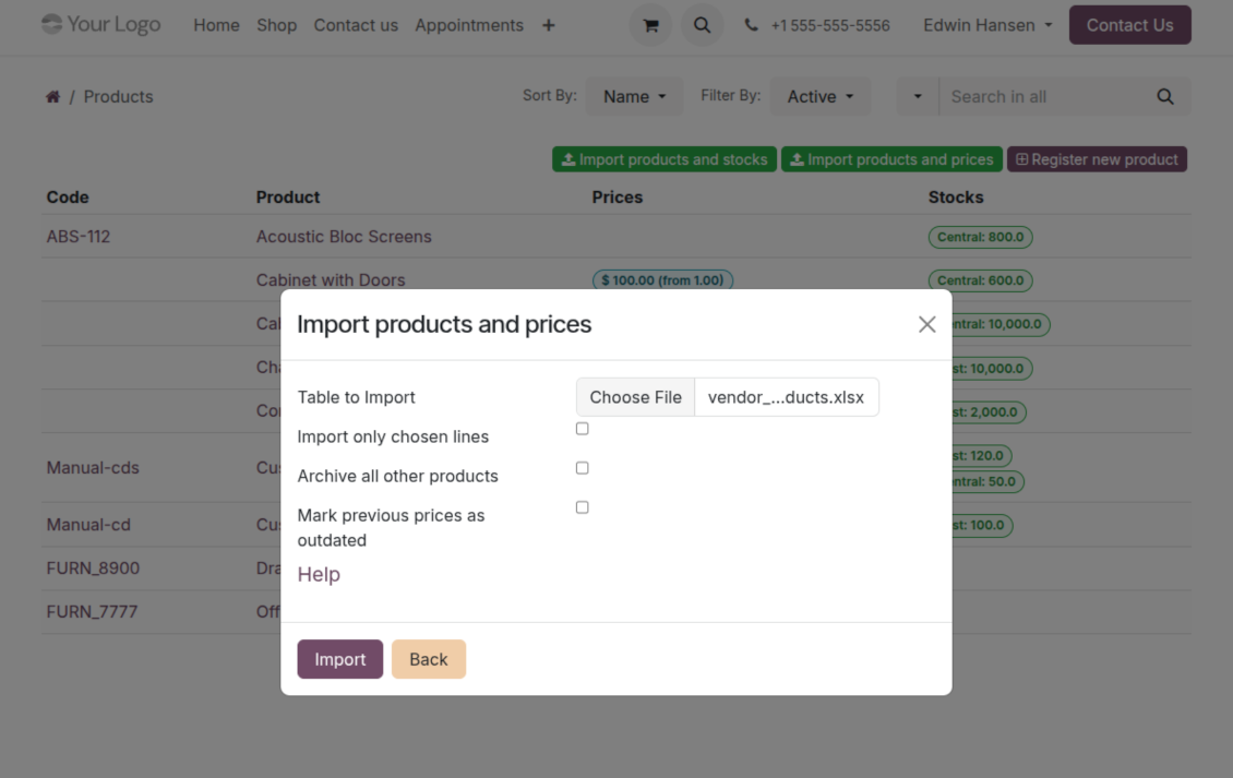 استيراد منتجات المورّد وأسعاره في بوابة Odoo