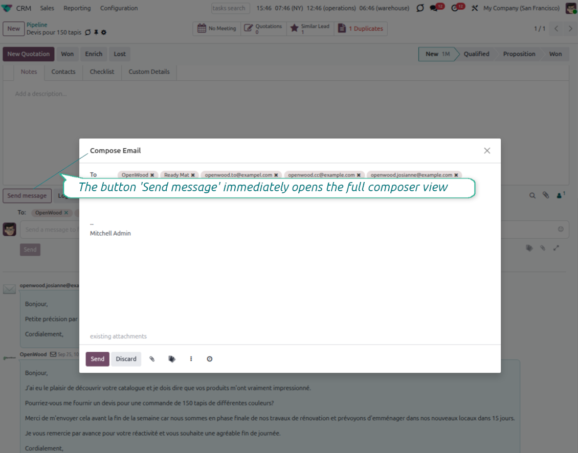 Full Odoo email composer opened from Send message