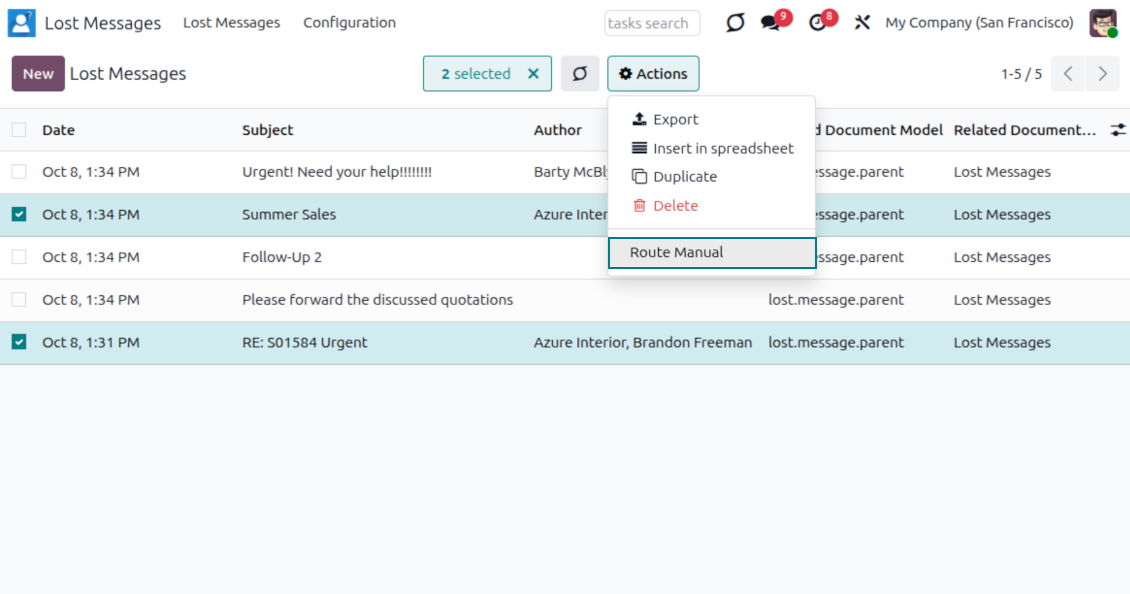 Lost Messages menu lists unattached emails and supports batch routing through the Odoo actions menu