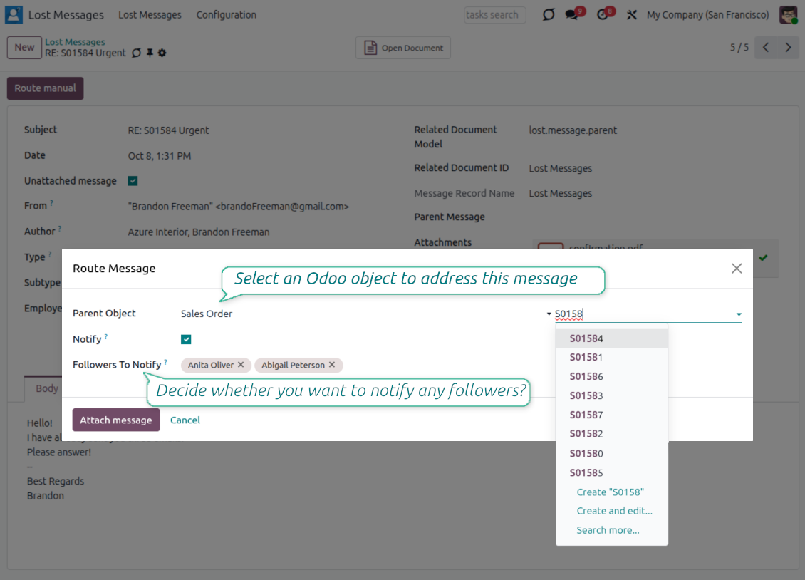 Route Manual wizard lets a manager choose the model and parent object for an unattached message