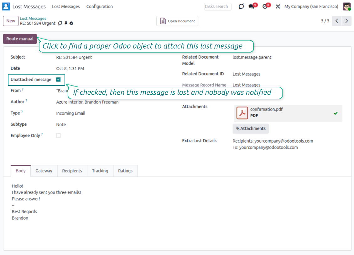 Odoo Lost Messages Routing shows the Route Manual action used to recover an unattached email