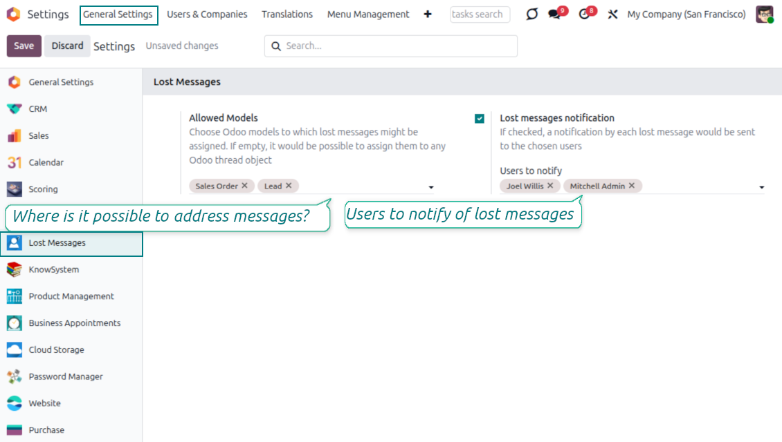 Lost Messages Routing settings define which Odoo users receive email notifications for new lost messages