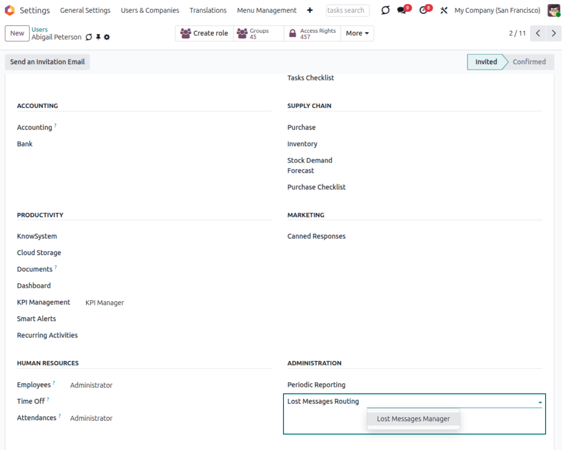 Odoo user access settings show the Lost Messages Manager right that controls who can manage unattached emails