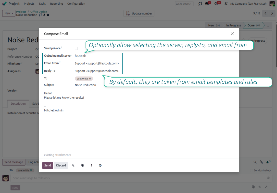 Odoo message composer with managed Email From, Reply-To, and outgoing mail server fields replacing free-text sender entry