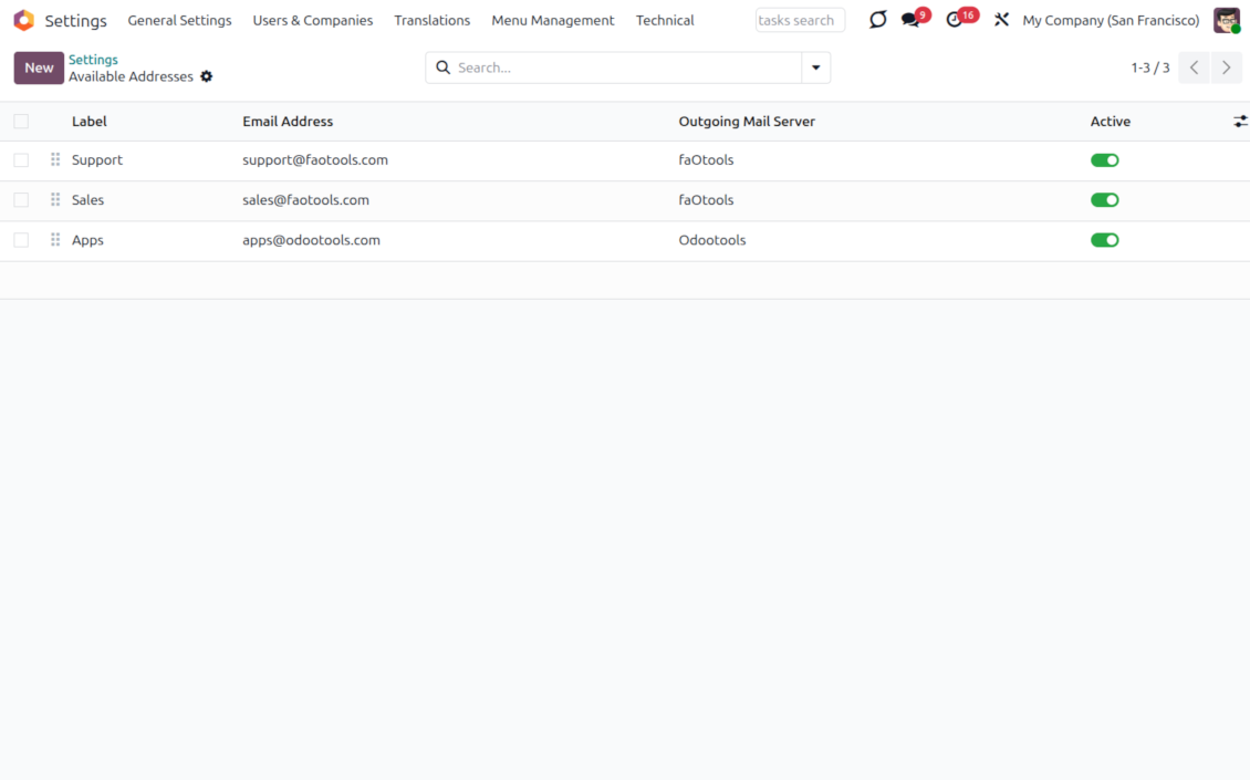 Odoo Email From available addresses list showing Support, Sales, and Apps senders each locked to its outgoing mail server