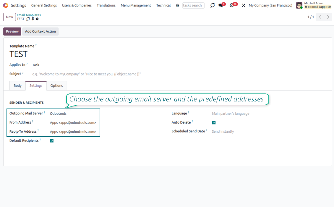 Odoo email template Settings tab with managed From Address, Reply-To Address, and outgoing mail server pickers