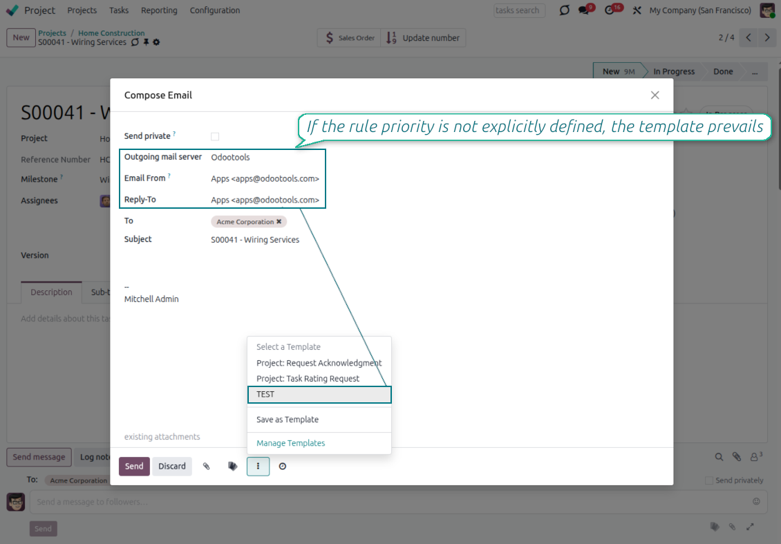 Odoo composer showing template-chosen From and Reply-To when no metadata rule overrides the template default