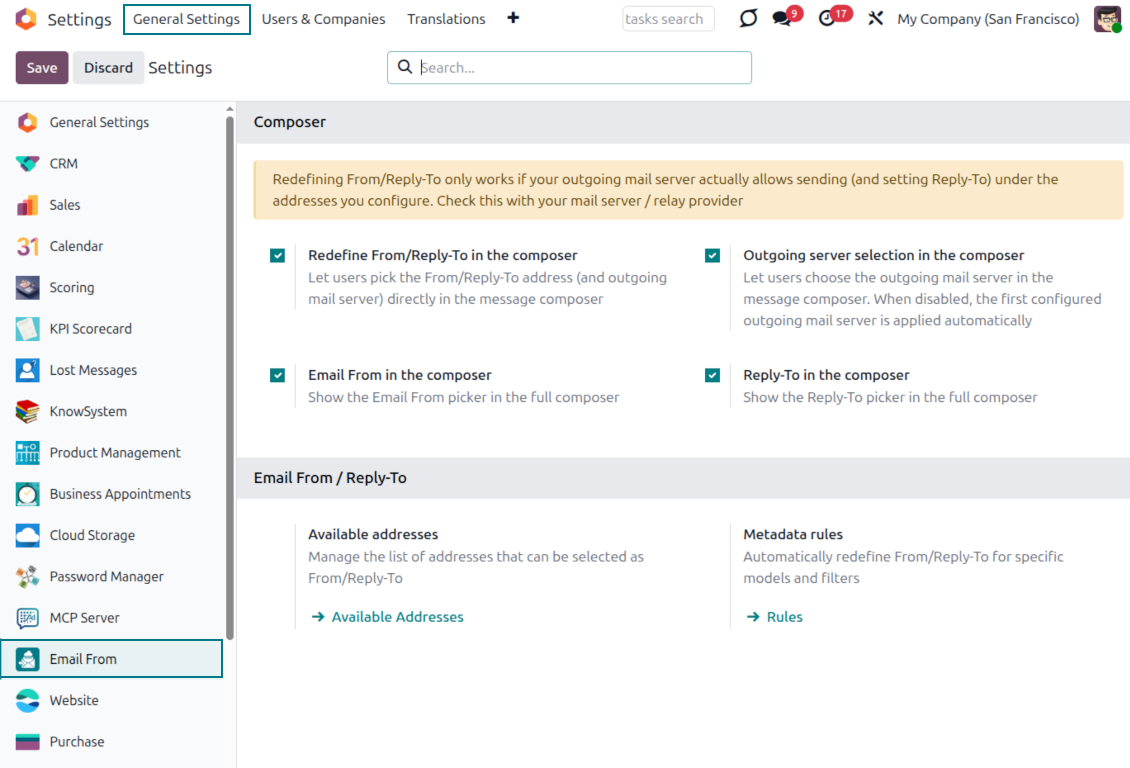 Odoo Email From settings page enabling composer From, Reply-To, and outgoing server pickers with shortcuts to available addresses and metadata rules