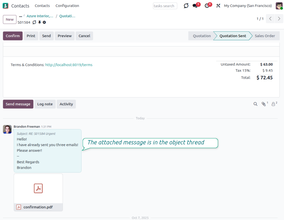 Recovered lost email is attached to the selected Odoo record thread after routing