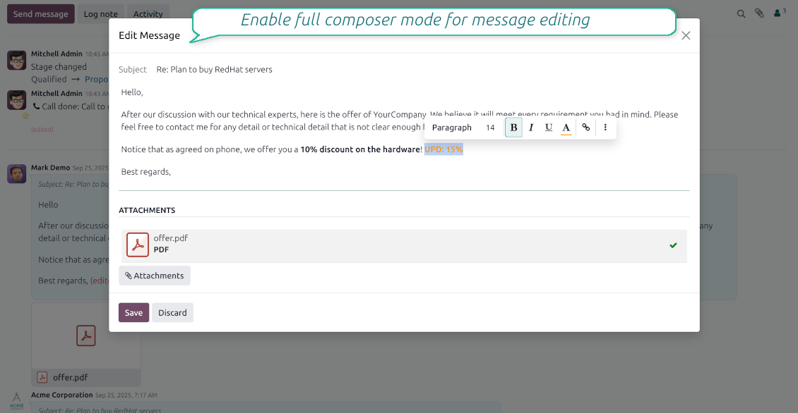 The Edit Message pop-up window in Odoo, showing the full composer mode activated by the message_editing module, which provides a complete HTML text editor with rich formatting tools and attachment management capabilities.