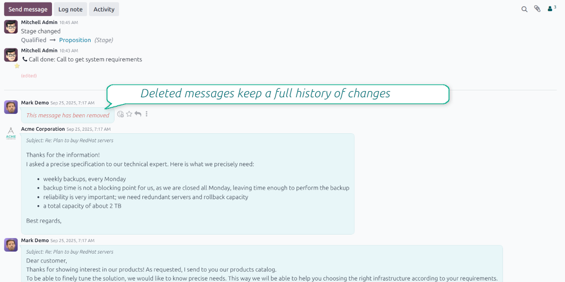 Odoo chatter displaying a distinct label with one-click history access, ensuring users know a message was deleted while keeping the deletion history trackable