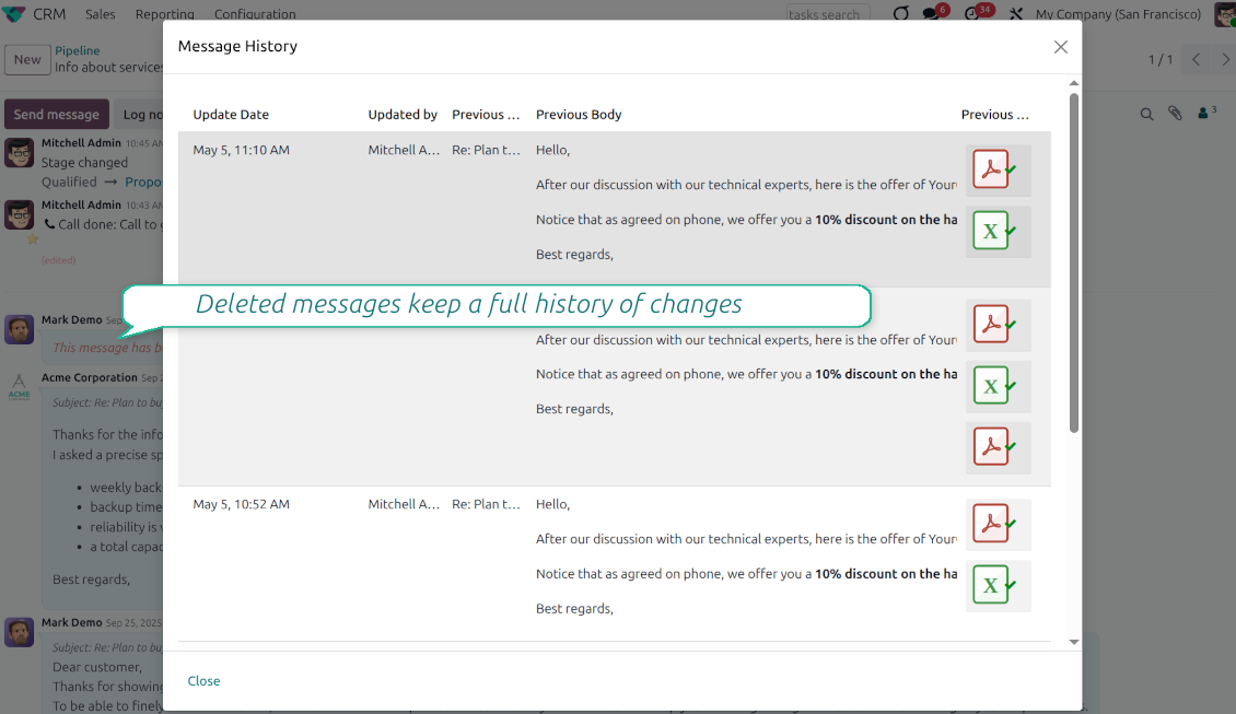 The "Message History" dialog box displaying the user who updated the message, the date of the update, the previous text body, and visual indicators for added or removed file attachments.