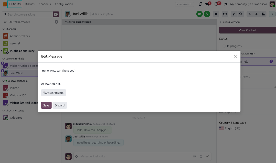The "Edit Message" pop-up dialog within the Odoo Discuss app, demonstrating the ability to edit message text and manage attachments using the full composer mode of Odoo discuss channels