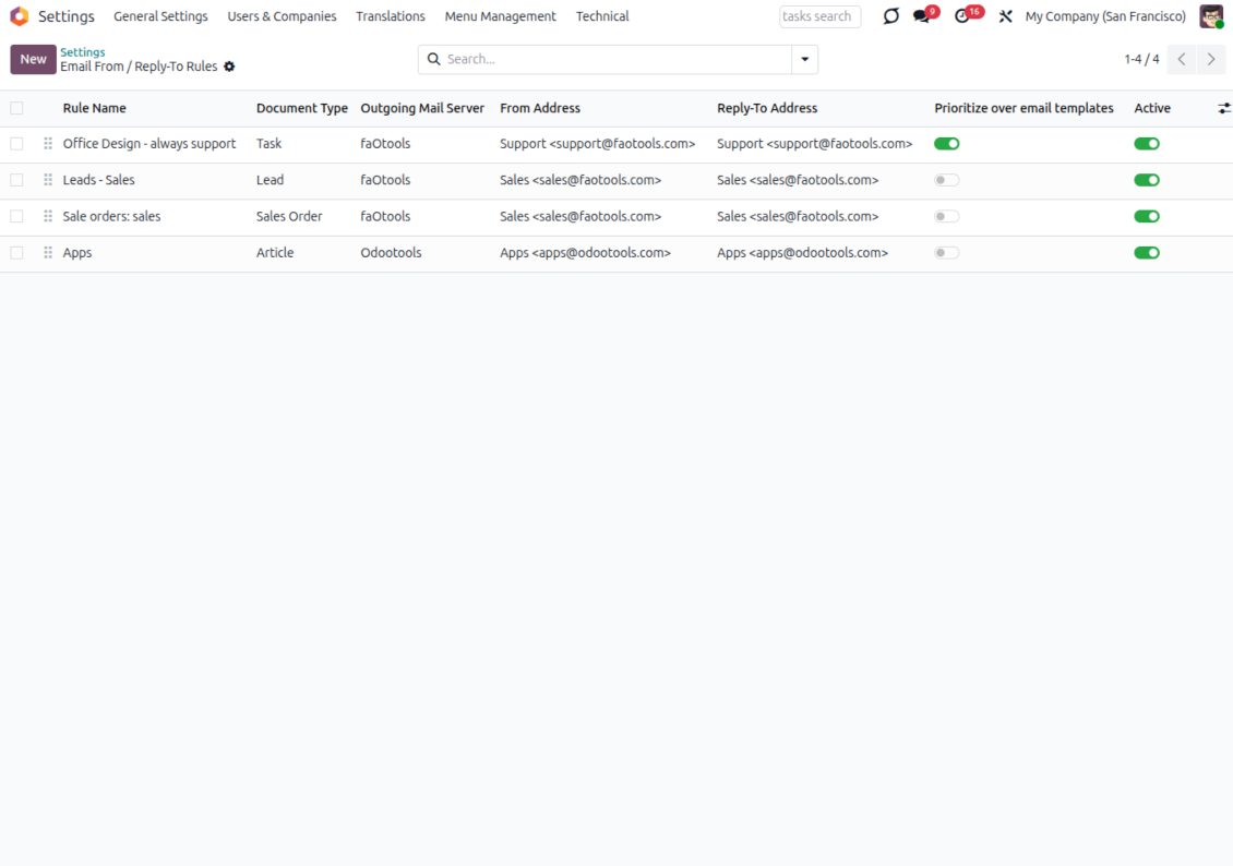 Odoo Email From metadata rules list assigning From and Reply-To per document type, server, and optional template priority