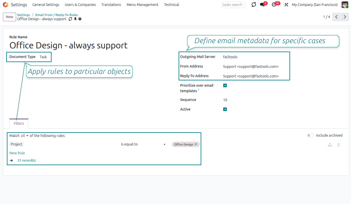 Odoo Email From rule form applying Support sender to Task records filtered by project, with prioritize over templates enabled