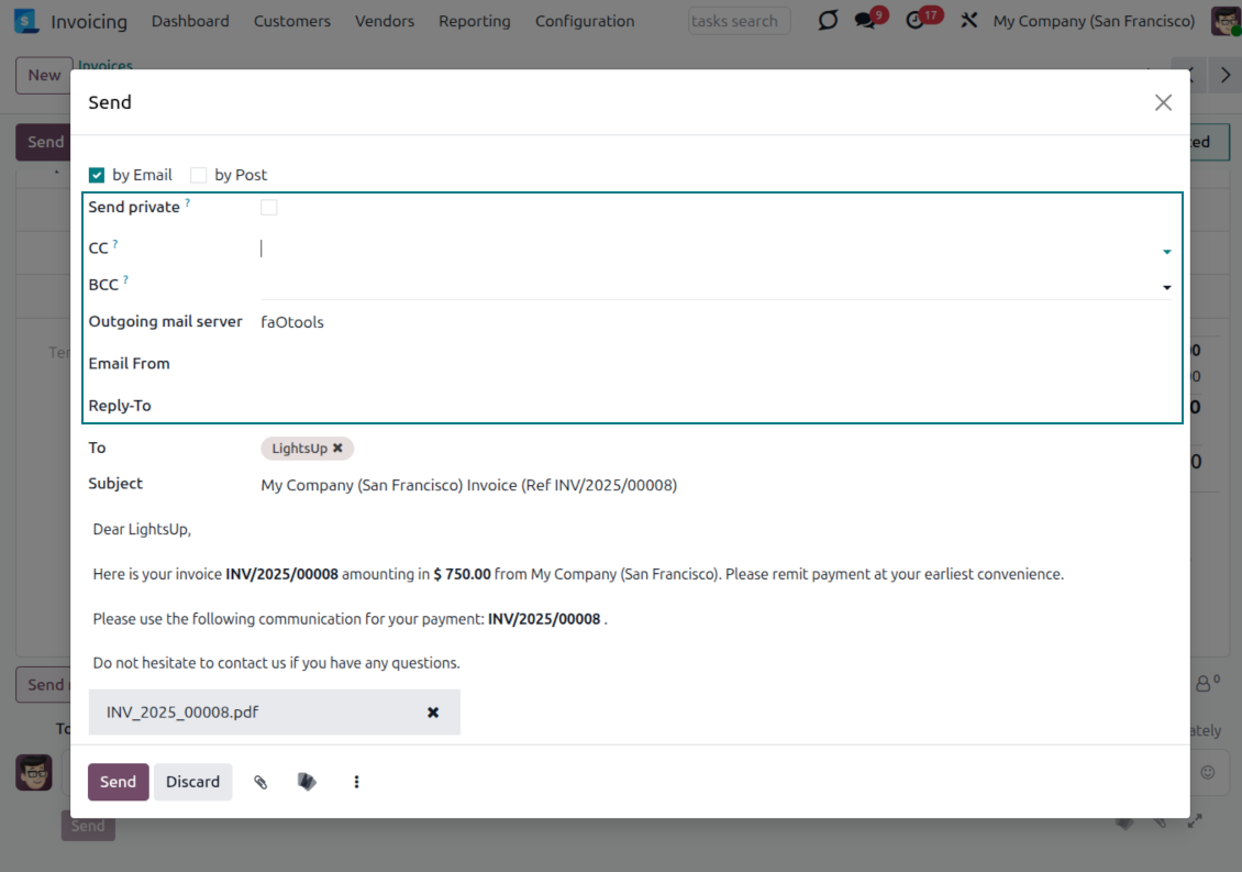 Průvodce odesláním faktury s CC, BCC, Email From a Reply-To z Odoo Messaging Suite