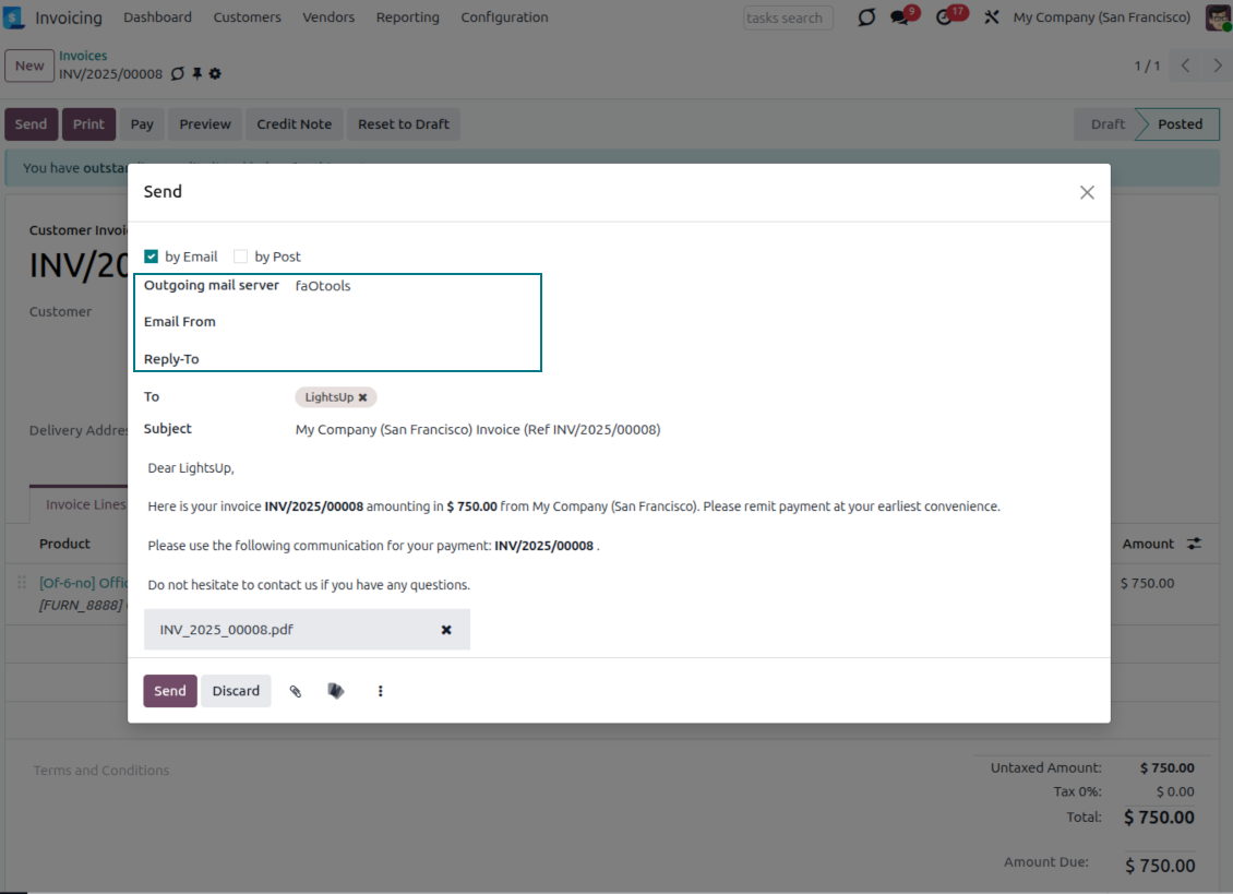 Invoice Send wizard with managed Email From, Reply-To, and outgoing mail server pickers from Odoo Email From