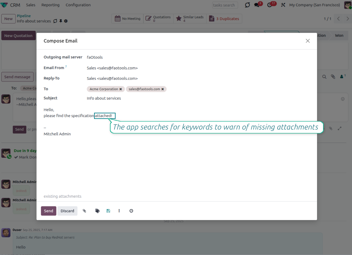 Odoo Compose Email dialog highlighting the word "attached" in the message body, with a callout explaining the automatic missing-attachment check