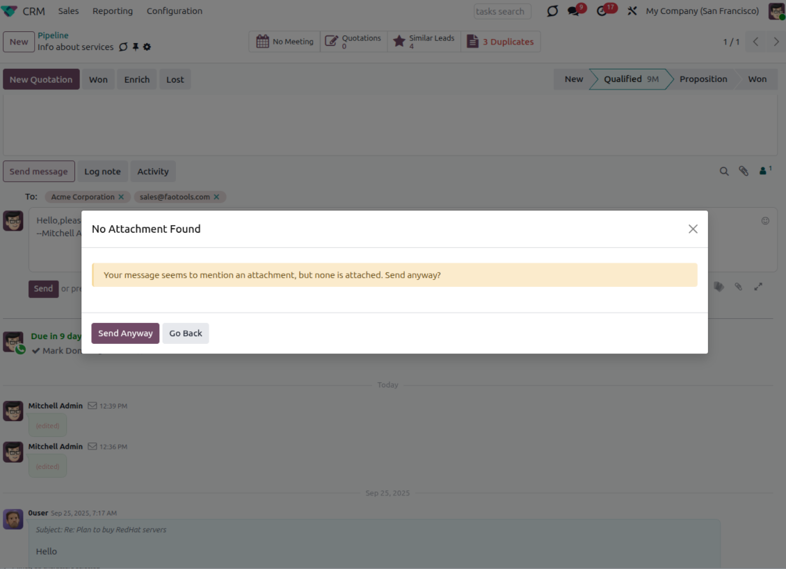 Odoo warning dialog reading "Your message seems to mention an attachment, but none is attached. Send anyway?" with Send Anyway and Go Back buttons