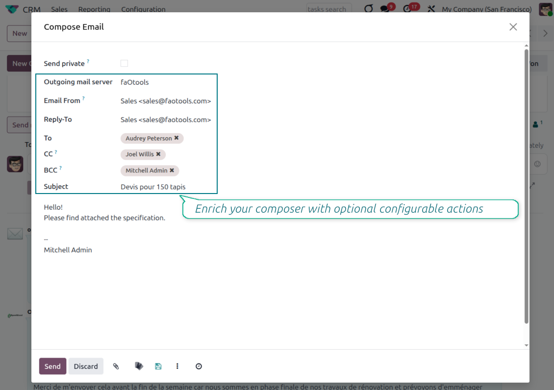 Odoo full email composer with Send private, CC and BCC recipient fields and an optional configurable-actions callout