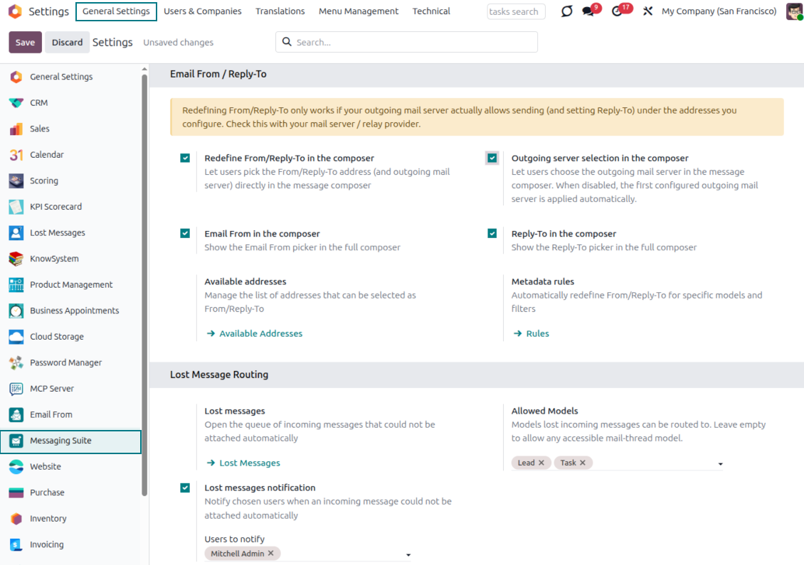 Odoo Messaging Suite settings page showing Email From / Reply-To options and Lost Message Routing configuration with allowed models and notification users
