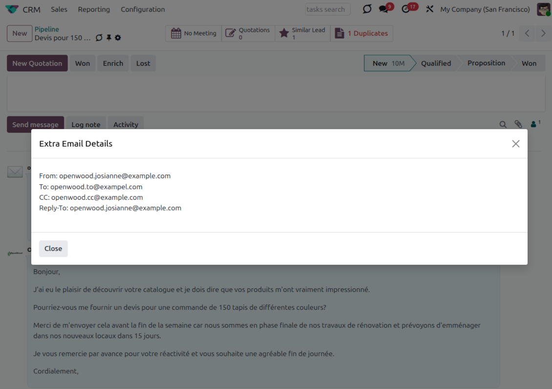 Odoo Extra Email Details popup showing the From, To, CC and Reply-To addresses of an incoming chatter message