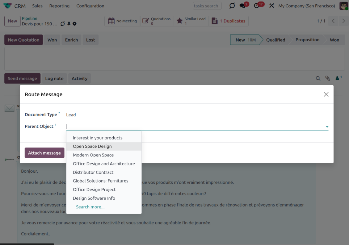 Odoo Route Message wizard with Document Type set to Lead and a Parent Object dropdown listing matching records