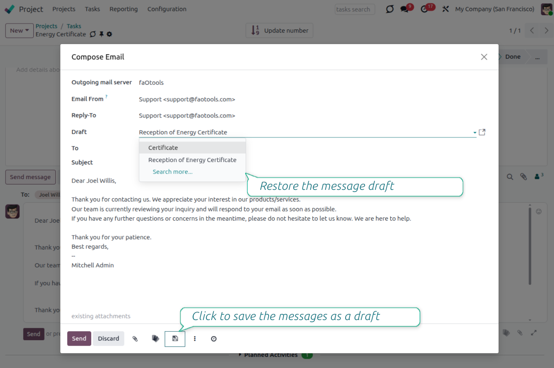 Restore a saved Odo email draft back into the composer