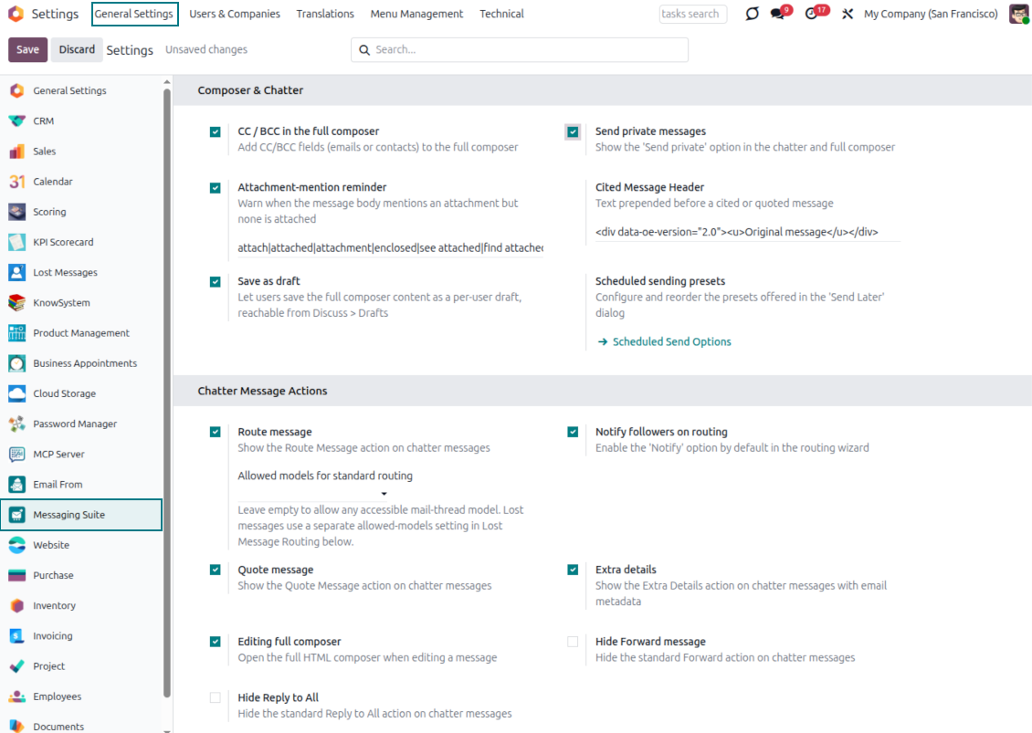 Odoo Messaging Suite settings page listing Composer & Chatter and Chatter Message Actions toggles, including CC/BCC, private messages, attachment reminder, save as draft, forward, route and quote message