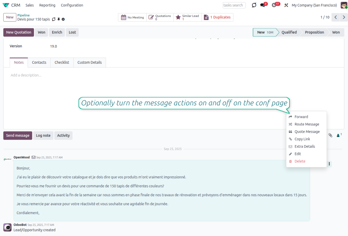 Odoo chatter message action menu showing Forward, Route Message, Quote Message, Copy Link and Extra Details options