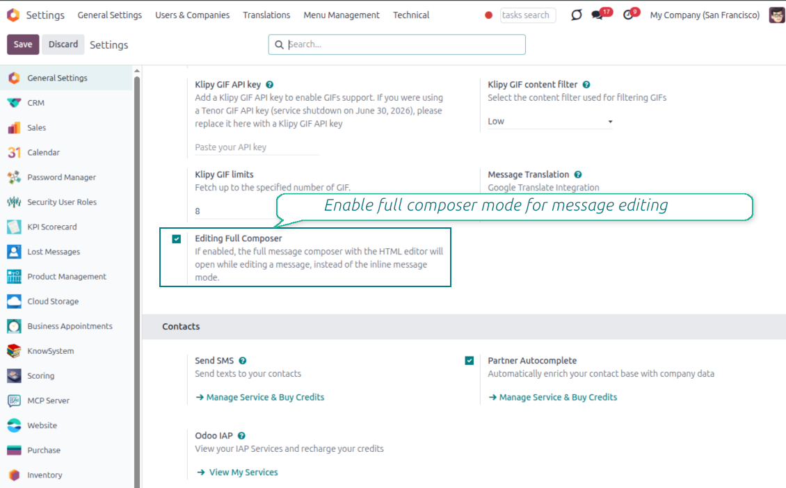 The Odoo General Settings page showing the "Editing Full Composer" feature enabled, which activates a complete HTML editor pop-up instead of inline editing