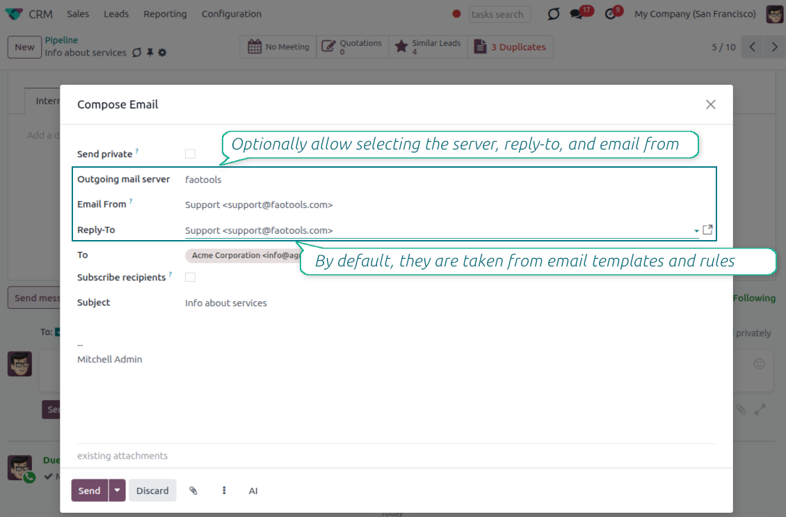 Odoo message composer with managed Email From, Reply-To, and outgoing mail server fields replacing free-text sender entry
