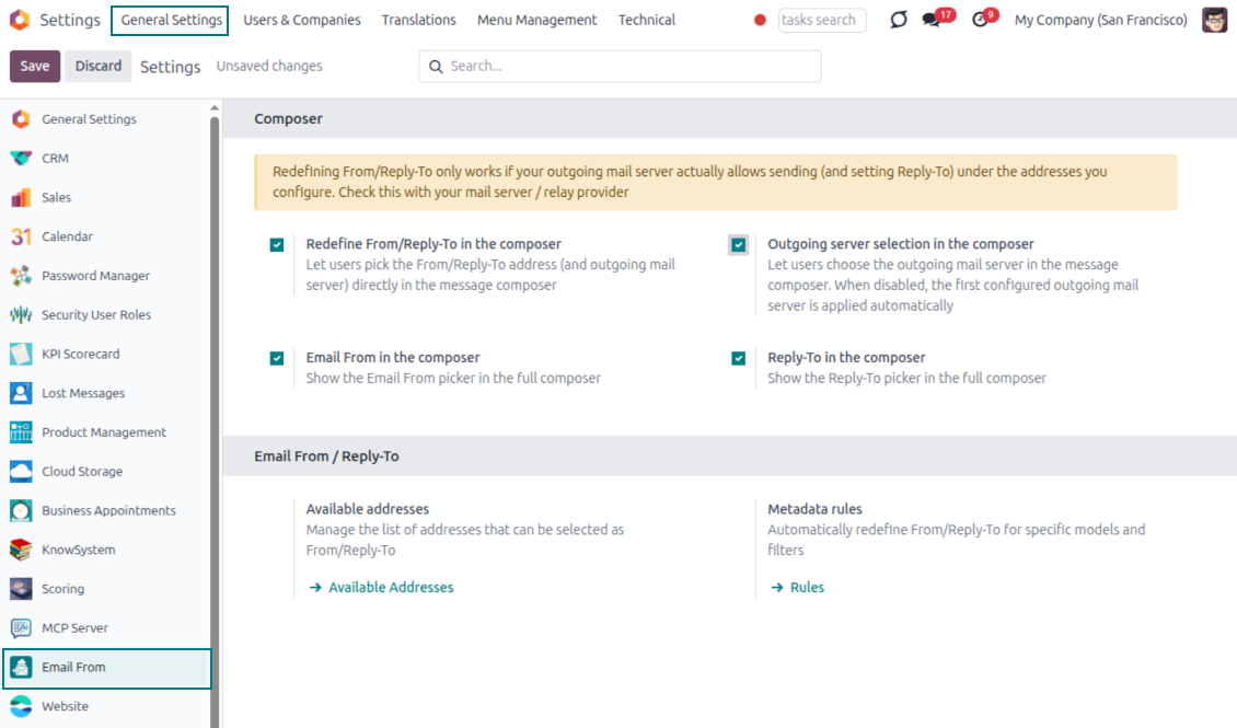 Odoo Email From settings page enabling composer From, Reply-To, and outgoing server pickers with shortcuts to available addresses and metadata rules