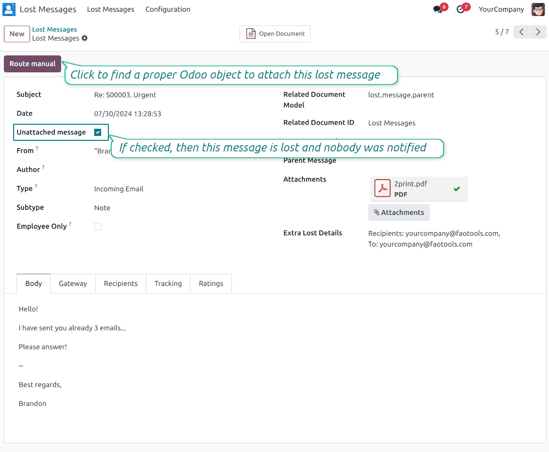 Odoo Lost Messages Routing shows the Route Manual action used to recover an unattached email