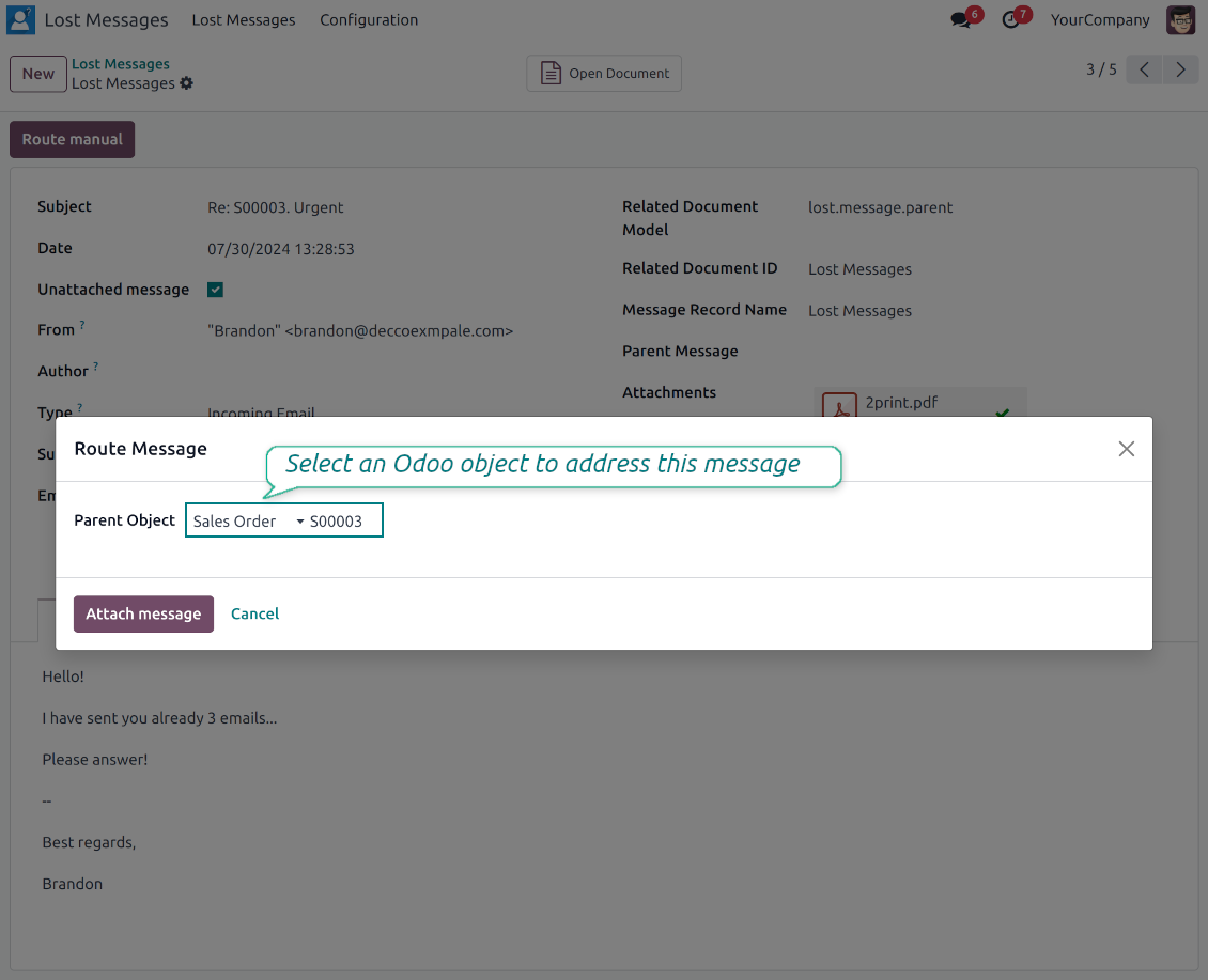 Route Manual wizard lets a manager choose the model and parent object for an unattached message