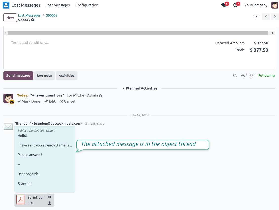 Recovered lost email is attached to the selected Odoo record thread after routing
