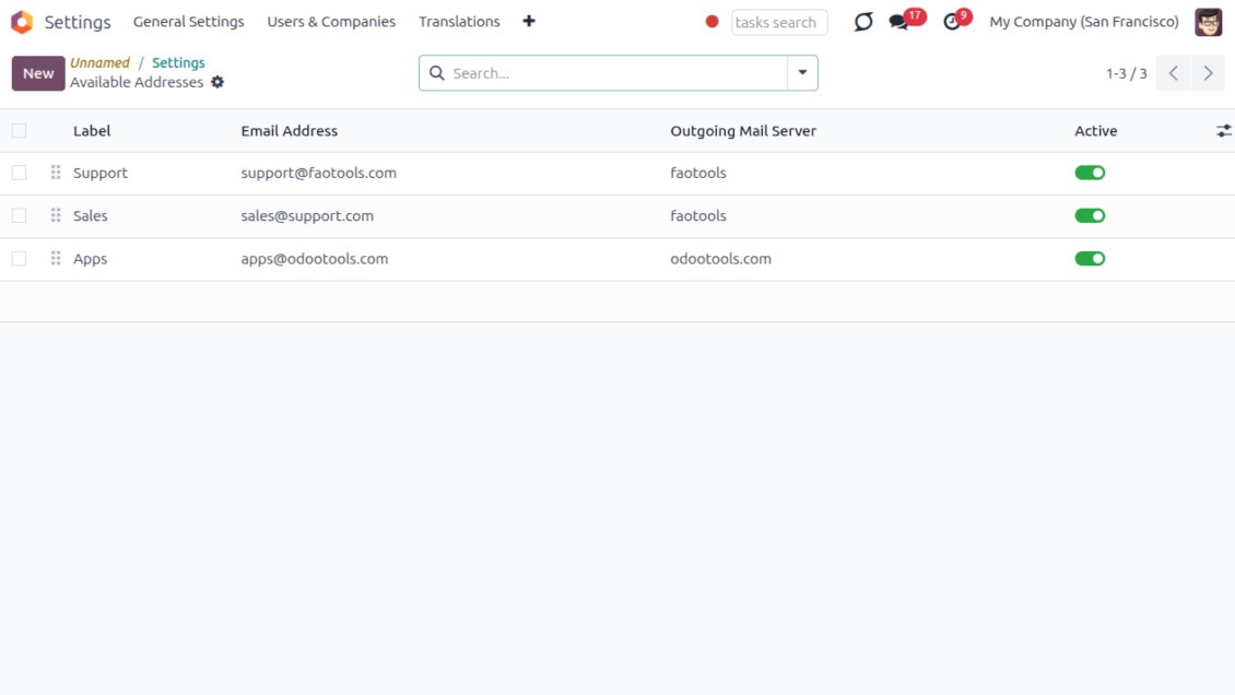 Odoo Email From available addresses list showing Support, Sales, and Apps senders each locked to its outgoing mail server